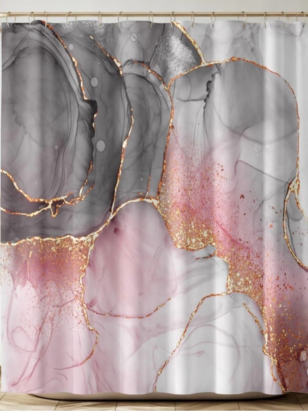 Elegant Marble Ink Shower Curtain - Pink & Gray with Gold Accents